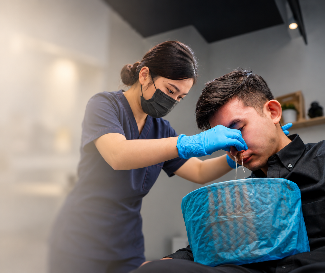A care specialist provides Sinus Treatment for a male customer
